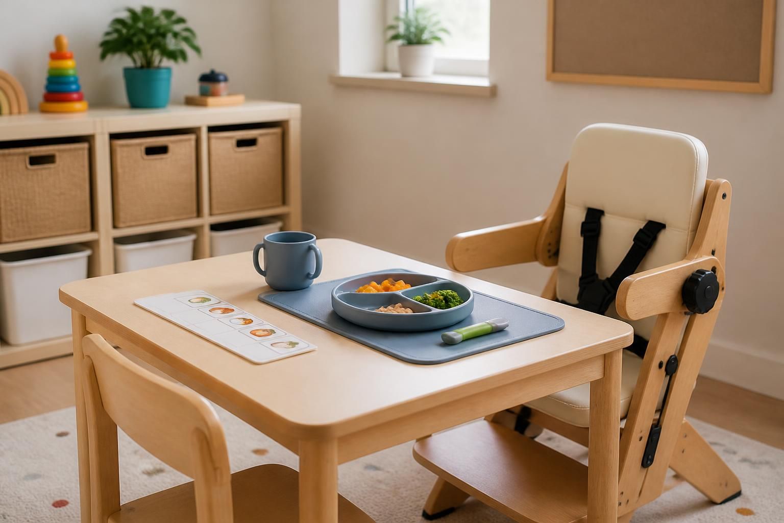 Child-sized feeding therapy setup with adaptive seating and table.