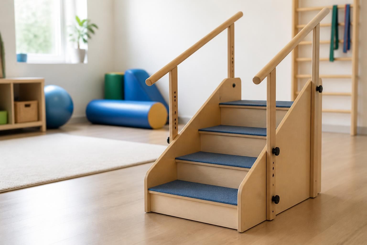 Pediatric physical therapy room with balance and movement equipment.