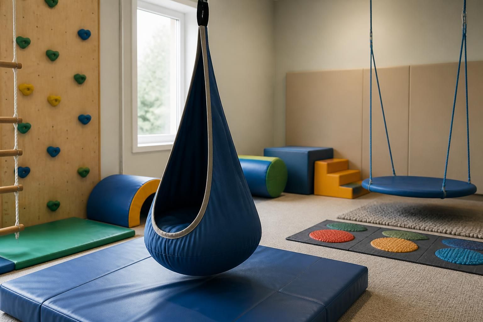 Sensory integration room with swings and tactile therapy equipment.